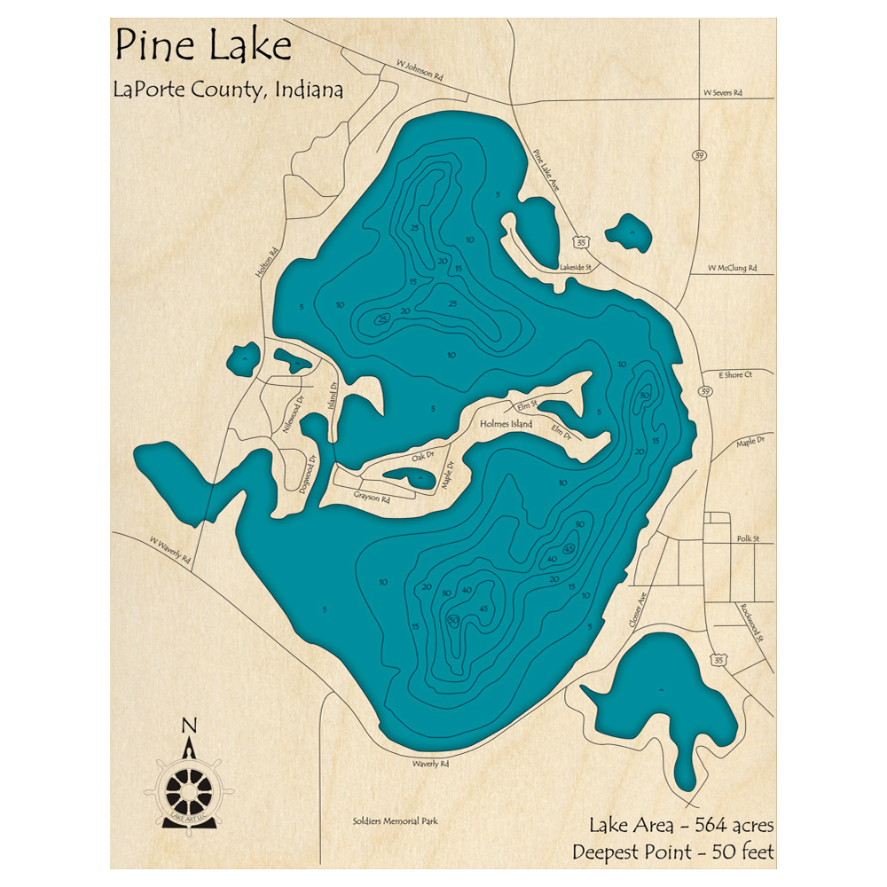 Bathymetric topo map of Pine Lake, IN with roads, towns and depths noted in blue water.