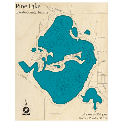 Bathymetric topo map of Pine Lake, IN with roads, towns and depths noted in blue water.