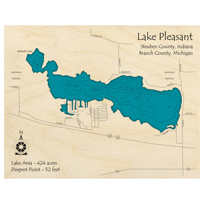 Bathymetric topo map of Lake Pleasant (IN, MI) with roads, towns and depths noted in blue water.