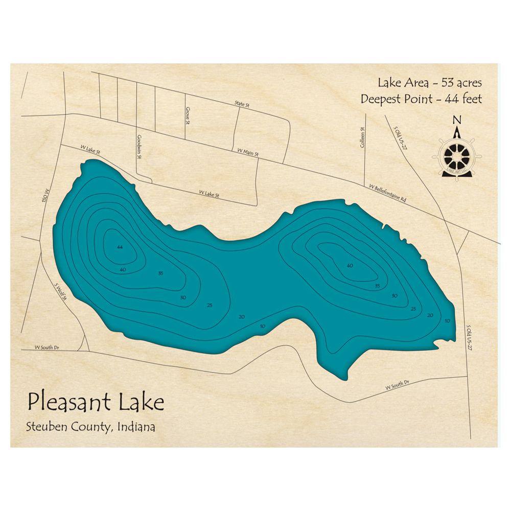 Bathymetric topo map of Pleasant Lake, IN with roads, towns and depths noted in blue water.
