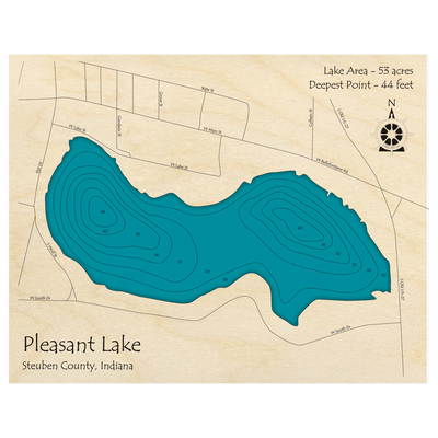 Bathymetric topo map of Pleasant Lake, IN with roads, towns and depths noted in blue water.