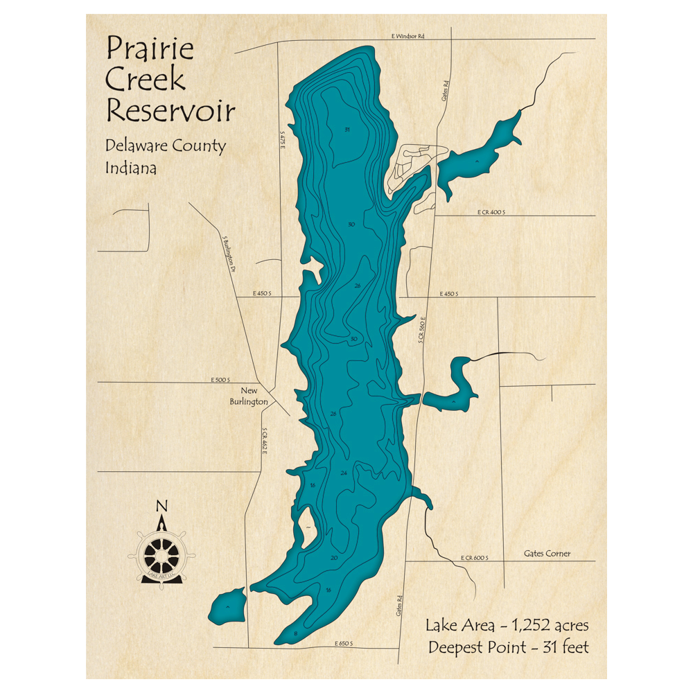 Bathymetric topo map of Prairie Creek Reservoir, IN with roads, towns and depths noted in blue water.