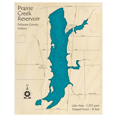 Bathymetric topo map of Prairie Creek Reservoir, IN with roads, towns and depths noted in blue water.