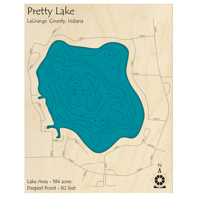 Bathymetric topo map of Pretty Lake, IN with roads, towns and depths noted in blue water.