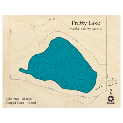 Bathymetric topo map of Pretty Lake, IN with roads, towns and depths noted in blue water.