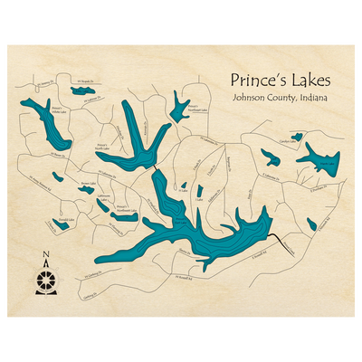 Bathymetric topo map of Princes Lakes, IN with roads, towns and depths noted in blue water.
