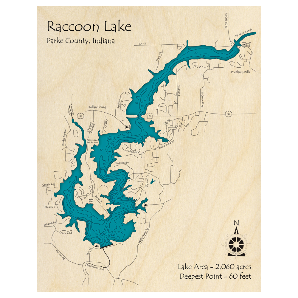 Bathymetric topo map of Raccoon Lake, IN with roads, towns and depths noted in blue water.
