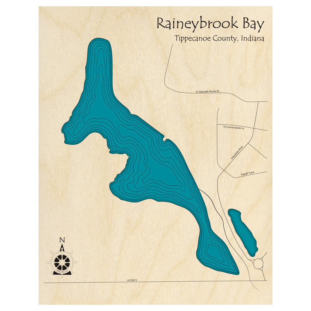 Bathymetric topo map of Raineybrook Lake, IN with roads, towns and depths noted in blue water.