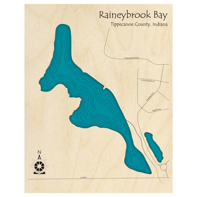Bathymetric topo map of Raineybrook Lake, IN with roads, towns and depths noted in blue water.