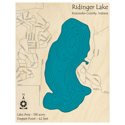 Bathymetric topo map of Ridinger Lake, IN with roads, towns and depths noted in blue water.