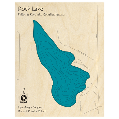 Bathymetric topo map of Rock Lake, IN with roads, towns and depths noted in blue water.