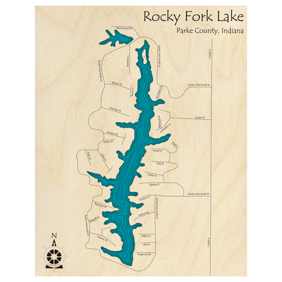 Bathymetric topo map of Rocky Fork Lake, IN with roads, towns and depths noted in blue water.