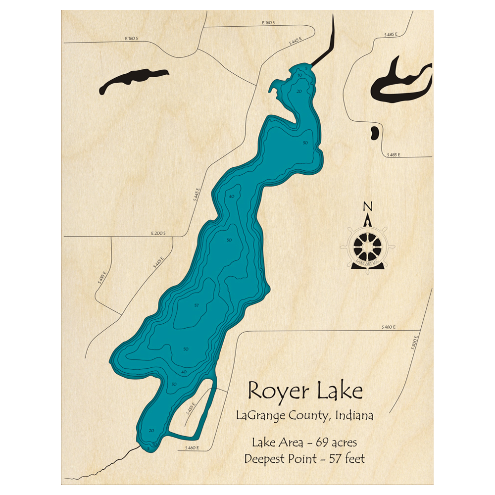 Bathymetric topo map of Royer Lake, IN with roads, towns and depths noted in blue water.