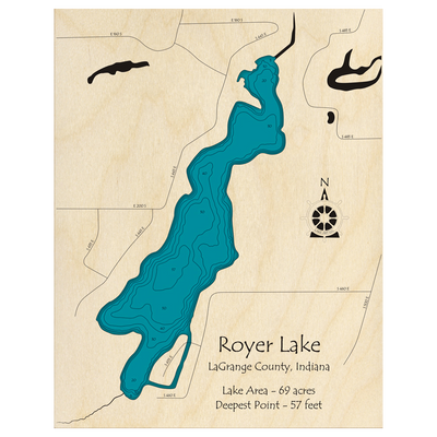Bathymetric topo map of Royer Lake, IN with roads, towns and depths noted in blue water.