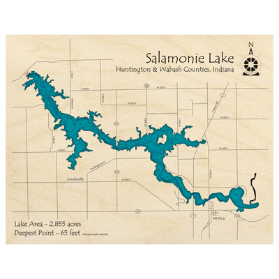 Bathymetric topo map of Salamonie Lake, IN with roads, towns and depths noted in blue water.