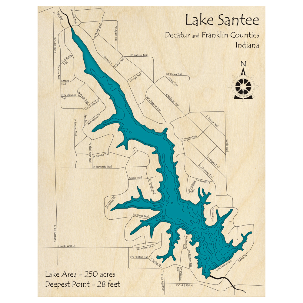 Bathymetric topo map of Lake Santee, IN with roads, towns and depths noted in blue water.