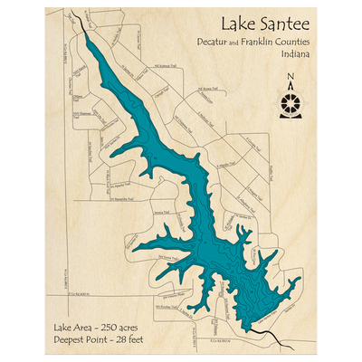 Bathymetric topo map of Lake Santee, IN with roads, towns and depths noted in blue water.