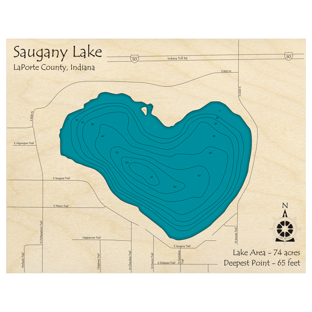 Bathymetric topo map of Saugany Lake, IN with roads, towns and depths noted in blue water.