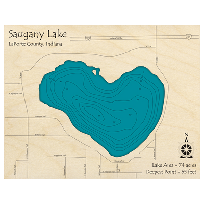 Bathymetric topo map of Saugany Lake, IN with roads, towns and depths noted in blue water.