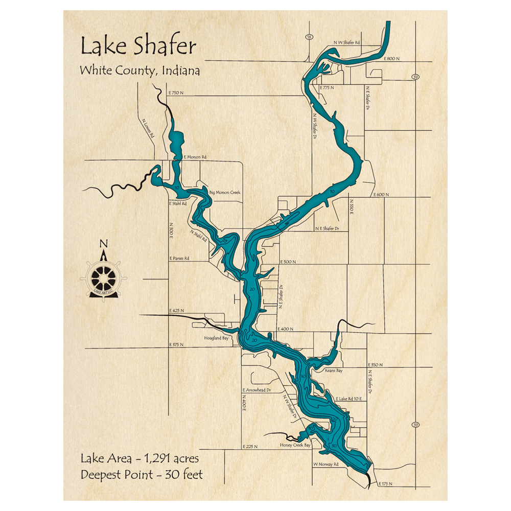 Bathymetric topo map of Lake Shafer, IN with roads, towns and depths noted in blue water.