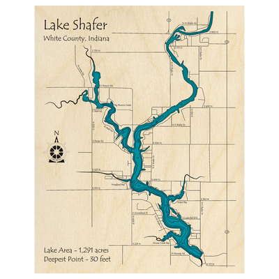Bathymetric topo map of Lake Shafer, IN with roads, towns and depths noted in blue water.