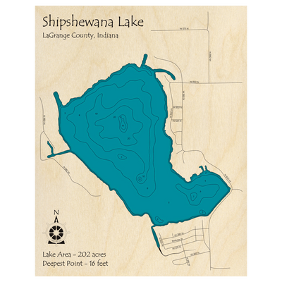 Bathymetric topo map of Shipshewana Lake, IN with roads, towns and depths noted in blue water.