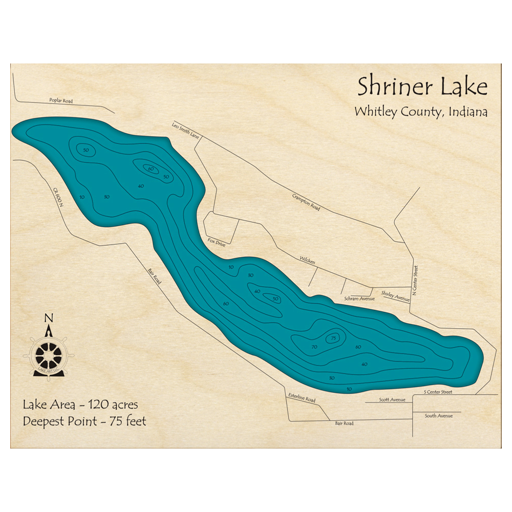 Bathymetric topo map of Shriner Lake, IN with roads, towns and depths noted in blue water.