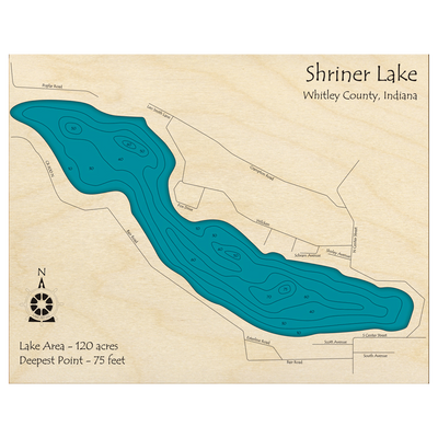 Bathymetric topo map of Shriner Lake, IN with roads, towns and depths noted in blue water.