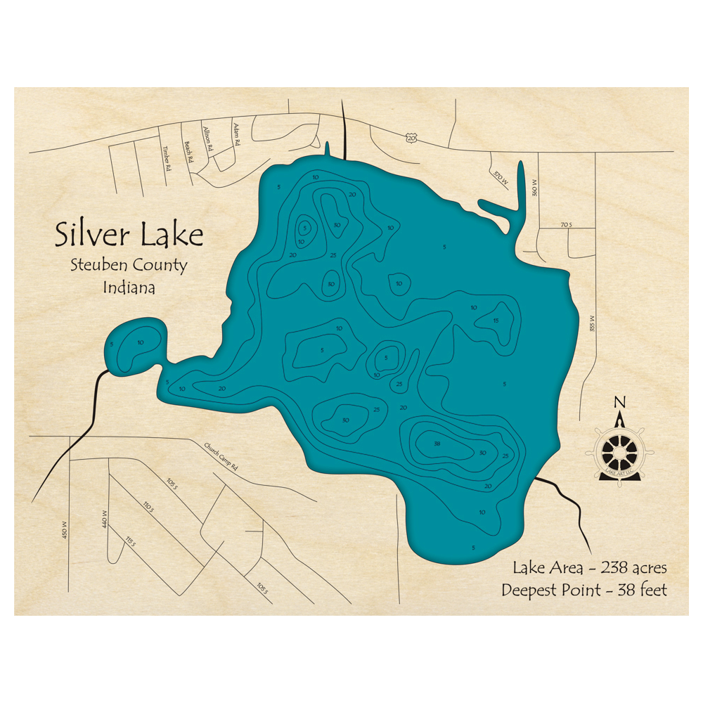 Bathymetric topo map of Silver Lake, IN with roads, towns and depths noted in blue water.