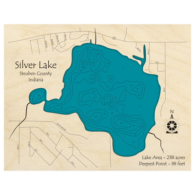 Bathymetric topo map of Silver Lake, IN with roads, towns and depths noted in blue water.