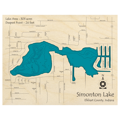 Bathymetric topo map of Simonton Lake, IN with roads, towns and depths noted in blue water.