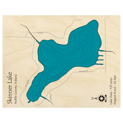 Bathymetric topo map of Skinner Lake, IN with roads, towns and depths noted in blue water.