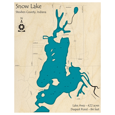 Bathymetric topo map of Snow Lake, IN with roads, towns and depths noted in blue water.