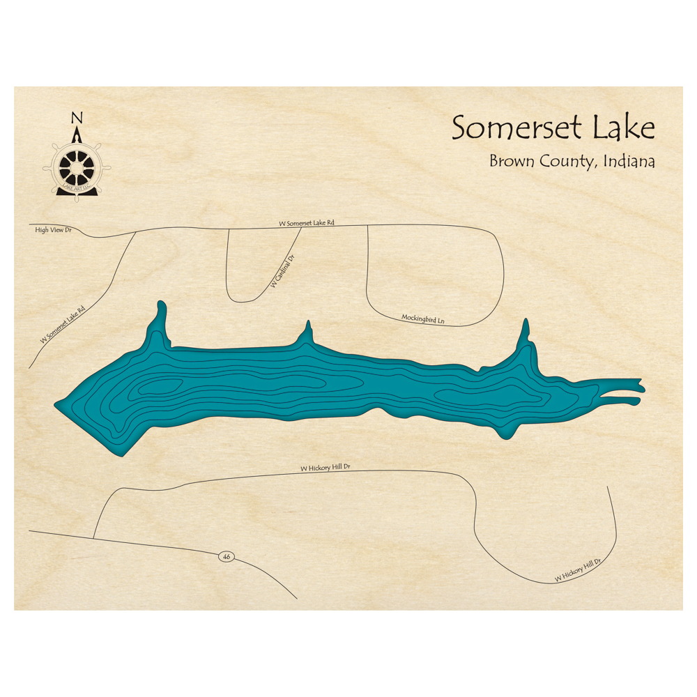 Bathymetric topo map of Somerset Lake, IN with roads, towns and depths noted in blue water.