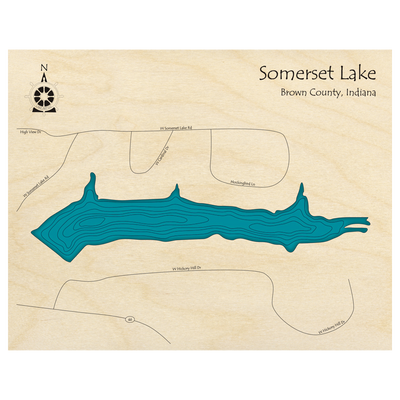 Bathymetric topo map of Somerset Lake, IN with roads, towns and depths noted in blue water.