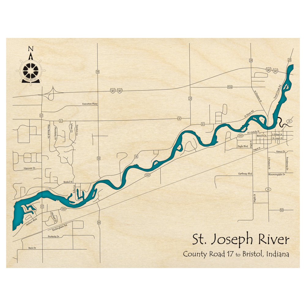 Bathymetric topo map of St Joseph River, IN with roads, towns and depths noted in blue water.