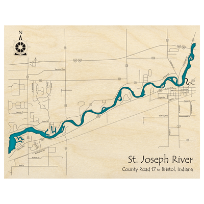 Bathymetric topo map of St Joseph River, IN with roads, towns and depths noted in blue water.