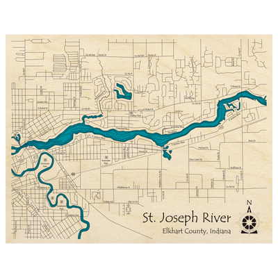 Bathymetric topo map of St Joseph River, IN with roads, towns and depths noted in blue water.