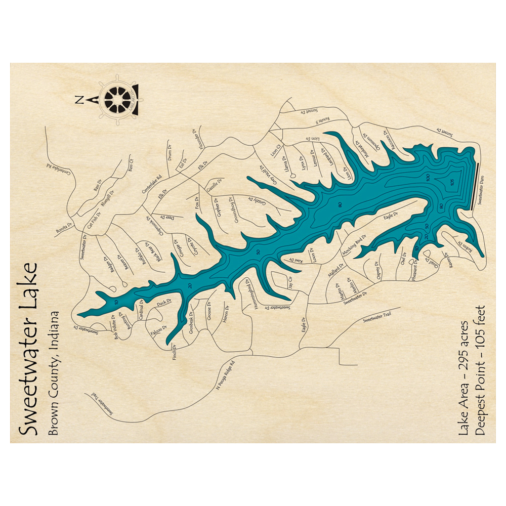 Bathymetric topo map of Sweetwater Lake, IN with roads, towns and depths noted in blue water.