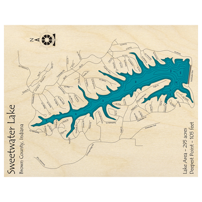 Bathymetric topo map of Sweetwater Lake, IN with roads, towns and depths noted in blue water.