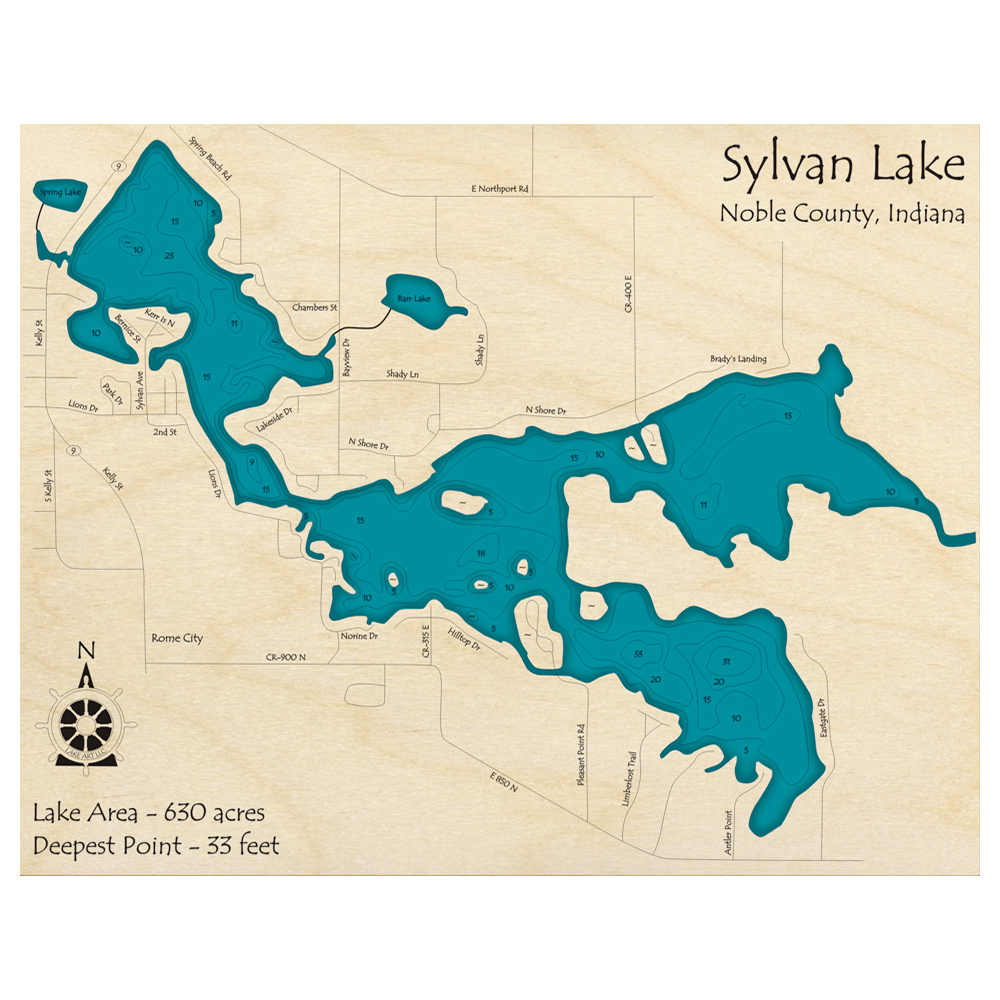 Bathymetric topo map of Sylvan Lake, IN with roads, towns and depths noted in blue water.