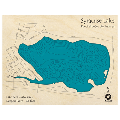 Bathymetric topo map of Syracuse Lake, IN with roads, towns and depths noted in blue water.