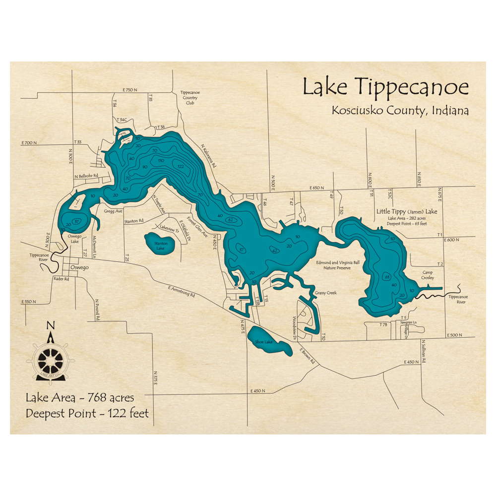 Bathymetric topo map of Lake Tippecanoe, IN with roads, towns and depths noted in blue water.
