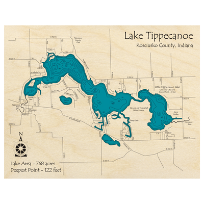 Bathymetric topo map of Lake Tippecanoe, IN with roads, towns and depths noted in blue water.