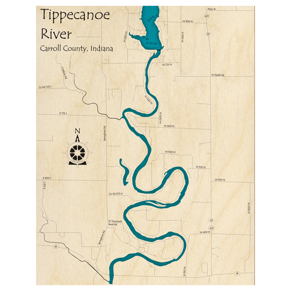 Bathymetric topo map of Tippecanoe River, IN with roads, towns and depths noted in blue water.
