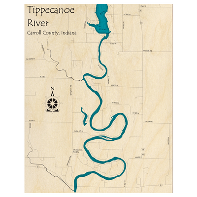 Bathymetric topo map of Tippecanoe River, IN with roads, towns and depths noted in blue water.