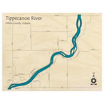 Bathymetric topo map of Tippecanoe River, IN with roads, towns and depths noted in blue water.