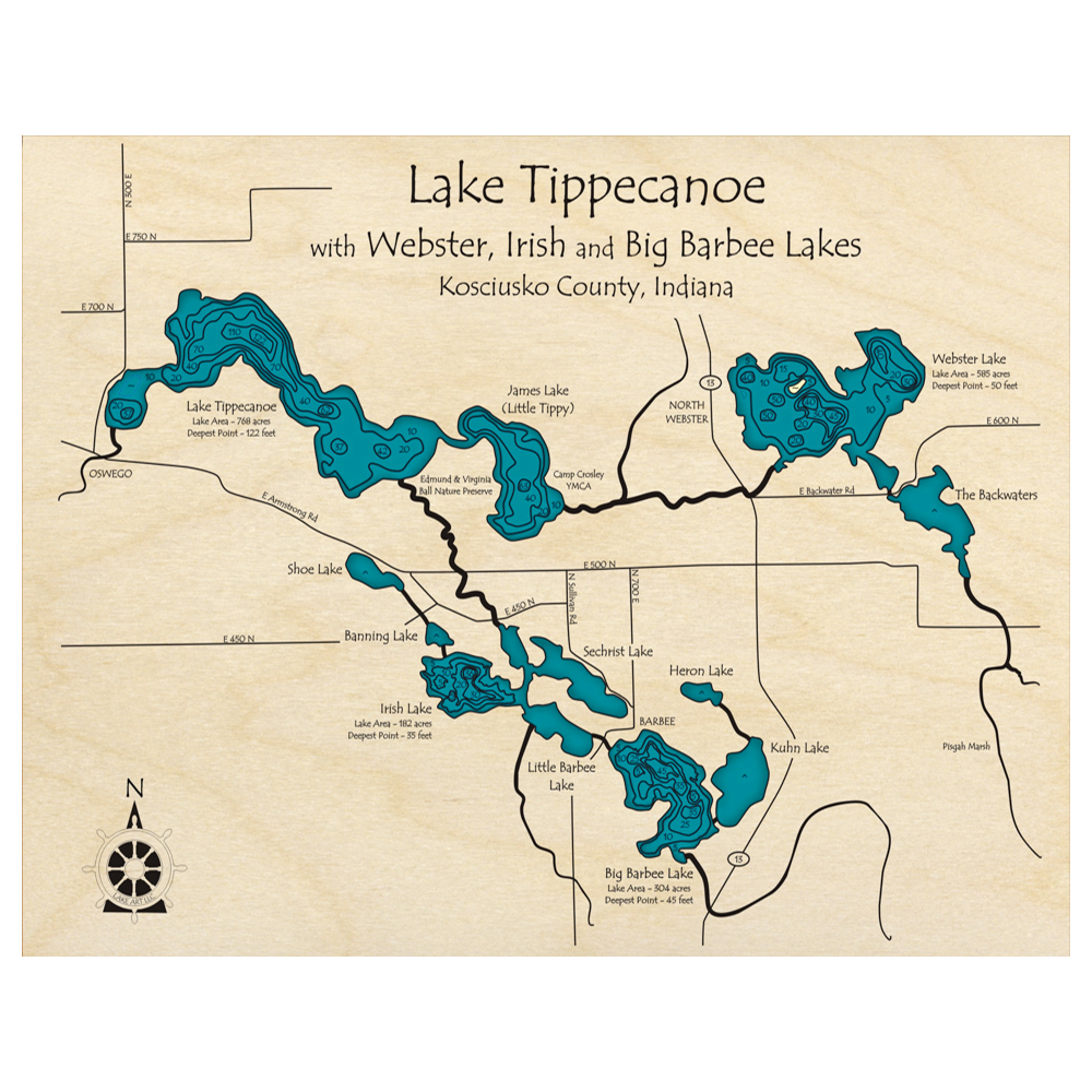 Bathymetric topo map of Lake Tippecanoe, IN with roads, towns and depths noted in blue water.