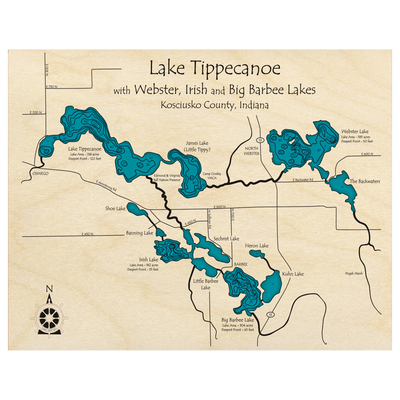 Bathymetric topo map of Lake Tippecanoe, IN with roads, towns and depths noted in blue water.