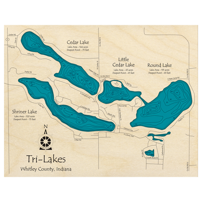 Bathymetric topo map of Tri-Lakes, IN with roads, towns and depths noted in blue water.